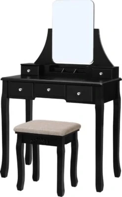 Merkloos Kaptafel, Kaptafel Met Grote Spiegel Zonder Frame, Toilettafel, Kaptafel, Voor Make-up, Gewatteerde Kruk, 5 Laden, Verplaatsbare Opbergdoos, Zwart RDT25BK -Cosmetica Aanbiedingen 747x1200